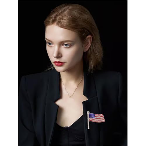 Image of Patriotic USA Flag Brooch Pin for Women Fashion Crystal Blue Red Independence Memorial Day Lapel Pin 4th of July Dress Accessories
