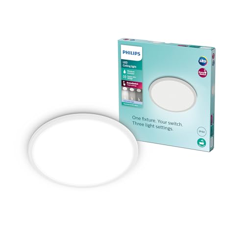 Philips LED Badezimmer Deckenleuchte Superslim (15 W), 3 Lichteinstellungen, kaltweiß Licht, dimmen ohne Dimmer, IP44 Schutz, weiß, 25cm