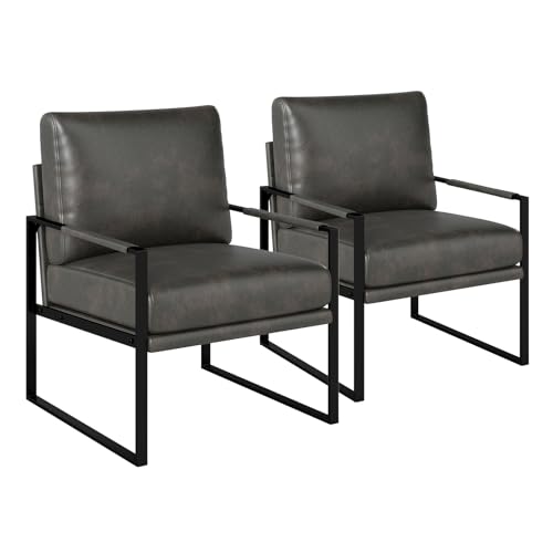 IOMOR Mid Century Modern Faux Leather Accent Chair Set of 2, Metal Framed Armchair with Extra Soft Removable Seat Cushion & Backrest for Living Room Bedroom Waiting Room, Easy to Clean (2, Dark Grey)