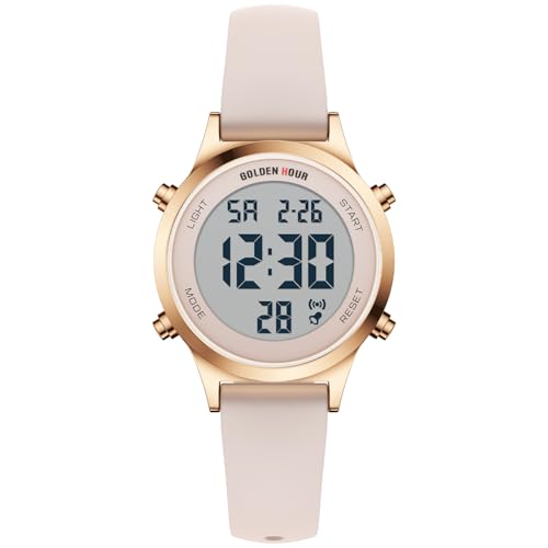 GOLDEN HOUR Waterproof Womens Digital Sports Watches with Silicone Strap Alarm Calendar Stopwatch Chronograph 32mm Rose Gold Case in Sand Pink Band