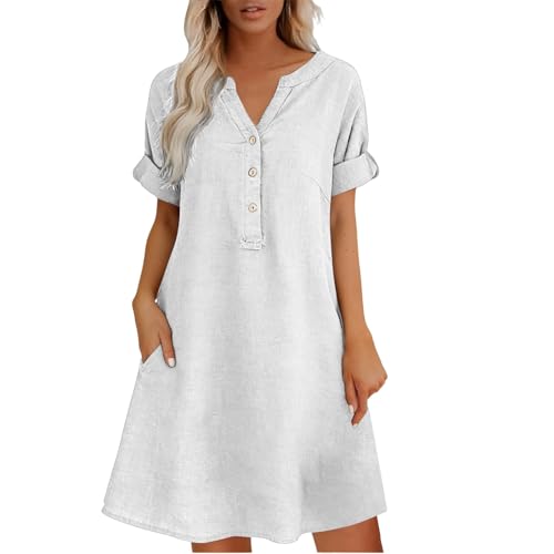 Générique Robe Rose Femme Robe Chemise Femme Ete Lin Coton Chic Elegant Tunique Manches Courtes Ample Casuel Couleur Unie avec Boutons Col V De Plage pour...