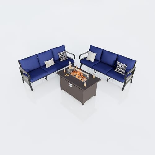 Image of Outdoor Furniture Set, Patio Conversation Set Include 2 x 3-Seater and Fire Pit Table for Deck, Porch, Garden, Backyard, Poolside (Blue, 3-Piece)