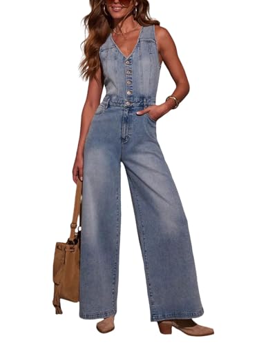 utcoco Womens Half Button Denim Jumpsuit Sleeveless V Neck Wide Leg Jeans Overall One Piece Outfits (Medium, Blue)