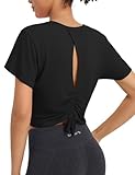 baleaf Women's Open Back Workout Tops Short Sleeve Crop Yoga Shirts Lightweight Athletic Gym Exercise T-Shirts Black M