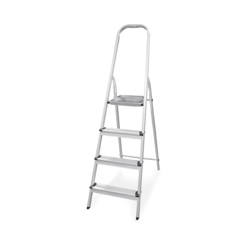 Amig - Escalera Plegable con 4 peldaños - Fabricado en Aluminio - Medida de Peldaños Pequeños: 28 cm x 8 cm - Medida de Peldaño Grande: 25 cm x 25 cm x 28 cm - Uso Doméstico - Carga Máxima: 150 kg