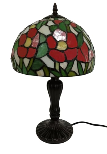 Image of Stained Glass Table Lamp, Red Green Floral with Antique Bronze Base, Decorative Bedside & Living Room Lamp (Free Bulb) (Design - 6) Free Bulb- 3 Color Options- Warm White, Cool White and Natural