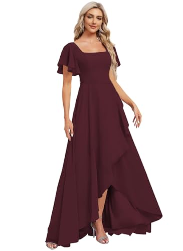 Women's Chiffon Bridesmaid Dresses Square Neck Formal Dresses with Slit A Line Wedding Gurst Dresses US24W Burgundy