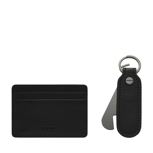 Image of Fossil Men's Steven Leather Card Case & Keyfob Gift Set Wallet, Black (Model: MLG0791001)