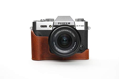 X-T30 Camera Case, BolinUS Handmade Genuine Real Leather Half Camera Case Bag Cover for Fujifilm Fuji X-T30 XT30 X-T20 XT20 X-T10 XT10 Camera Bottom Opening Version + Hand Strap (LavaBrown)