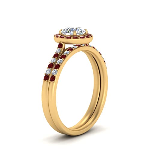 Image of Choose Your Gemstone Round Halo Ring with Matching Pave Band Yellow Gold Plated Round Shape Wedding Ring Sets Everyday Jewelry Wedding Jewelry Handmade Gifts for Wife US Size 4 to 12