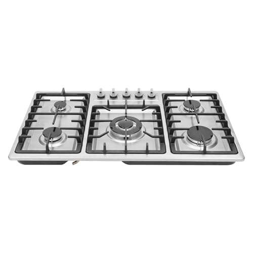 Cocina de gas de 5 fuegos, acero inoxidable y hierro fundido, 5 quemadores con 3,3/2,75/1,75/1,75/1 kW, gas natural NG, encendido electrónico y protección contra fallas de llama, montable e empotrable
