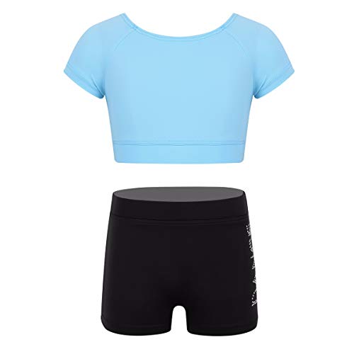 YiZYiF Enfant Fille Justaucorps de Danse Ballet Gymnastique Vêtement de Sport Costume Patinage Haut T-Shirt à Manche Court et Short de Danse Tenues de Yoga Ensemble 3-12 Ans (8-10 Ans, Bleu Ciel) Cover