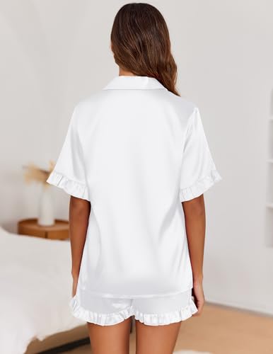 Ekouaer Womens Satin Pajamas Set Button Down Silk 2 Piece Pj Sets Ruffle Short Sleeve Sleepwear3