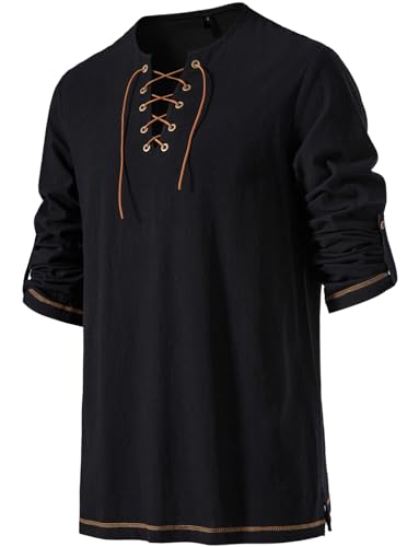 Image of JEMITOP Men's Pure Cotton Vintage Lace Up Shirts for Pirate Renaissance Viking Medieval Costume Without Belt