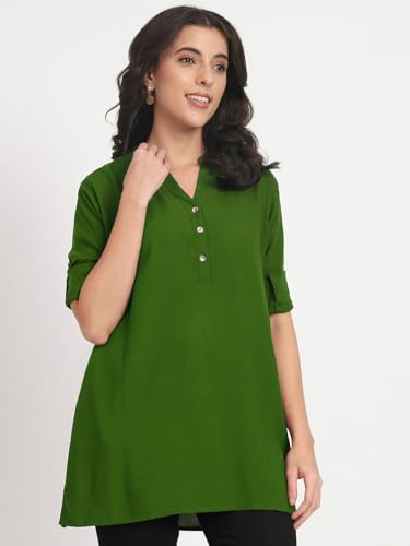 Image of Women's Roll-Up Sleeve Tunic Top, V-Neck with Button Front, Side Pockets, Rayon Short Kurti