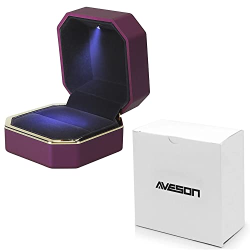 AVESON Luxury Ring Box, Square Velvet Wedding Ring Case Jewelry Gift Box with LED Light for Proposal Engagement Wedding, Purple