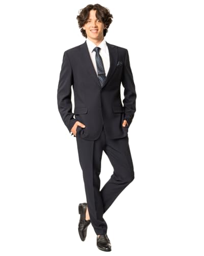 Slim Fit Men Suit Stretchy Spandex Peak Lapel 2 Button Flat Front Pants 9936 (US, Numeric, 38, Short, Navy Blue)2