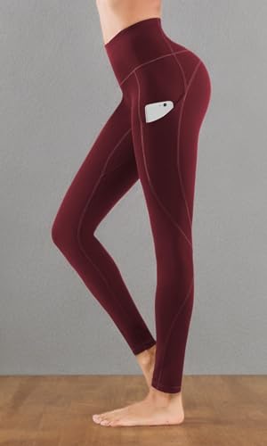 Lingswallow High Waist Yoga Pants - Yoga Pants with Pockets Tummy Control, 4 Ways Stretch Workout Running Yoga Leggings (Bordeaux red, Medium) - Thumbnail 6