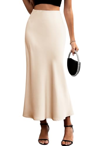 ELLEVEN Women's Maxi Satin High Waisted Skirts Elastic Waistband ...