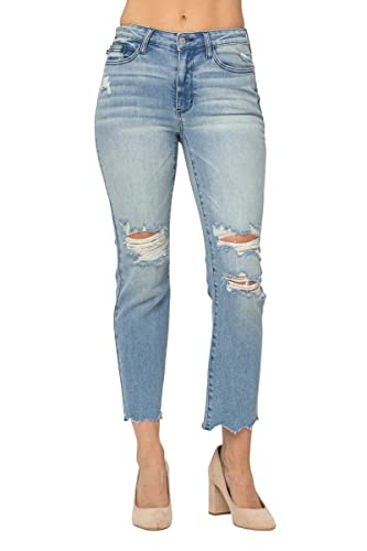 Judy Blue Women's Mid-Rise Destroyed Tinted Wash Cropped Straight-Leg Jeans 88512