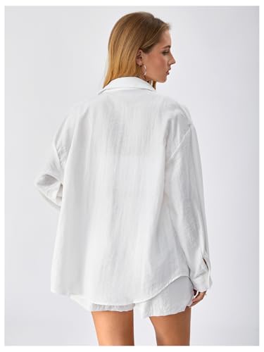 Image of SweatyRocks Women's 2 Piece Outfits Button Down Shirts Lounge Linen Sets and Mini Shorts Pajama Gauze Set Beachwear
