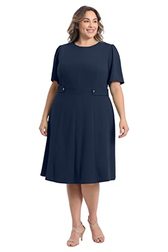 Image of London Times Women's Knit Eyelet Short Sleeve Crepe Inset Waist Midi with Button Detail
