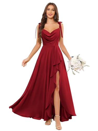 Fu Jiang Women's Spaghetti Straps Cowl Neck Bridesmaid Dresses Long Ruffle Chiffon Formal Evening Gowns with Slit