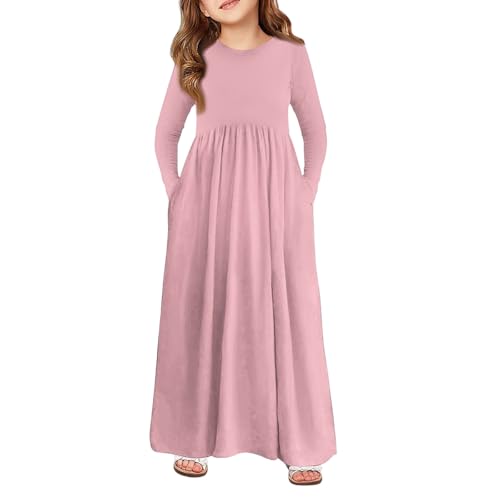 Girls Long Sleeve Maxi Dress with Pockets Soft Casual Solid Color Fall Maxi Gown for Kids Ages 4-14 Years