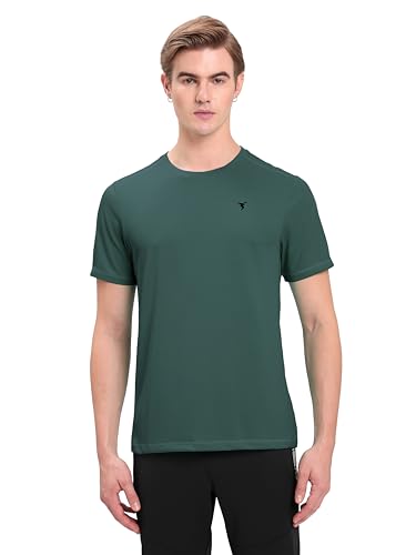 Image of TECHNOSPORT Men's Solid Slim Fit Round Neck T-Shirt TECHNOCOOL+ Half Sleeve Slip On Polyester for Gym Running Workout UPF50+ Anti Odour