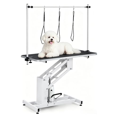 43.3 Hydraulic Pet Grooming Table Heavy Duty Hydraulic Grooming Table Max Load 350Lbs Professional Hydraulic Dog Grooming Table with 3 Adjsutable Nooses & Overhead Adjustable Height Range 22 in -