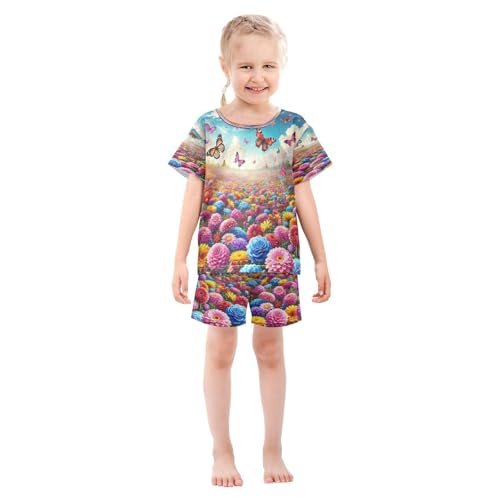 Butterflies Flower Sea Pajama Set Short Sleeve Pajamas Shorts Sets Cotton PJS 2 Piece Clothes Set 5Y3