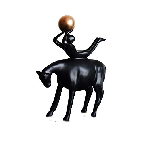 Statue de garçon à cheval noire en résine de 39cm pour décoration de salon moderne