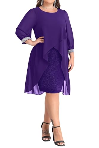 Image of Talisea Plus Size Cocktail Dress - Elegant Chiffon Cape 3 /4 Sleeves Glitter Evening Party Wedding Guest Dresses Women Formal