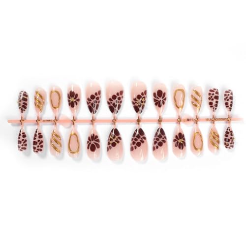 Image of Brown Flower Press on Nails Leopard Fake Nails Medium Almond False Nails with Gold Design Nude Glue on Nails Glossy Artificial Acrylic Full Cover Stick on Nails for Women Manicure 24Pcs