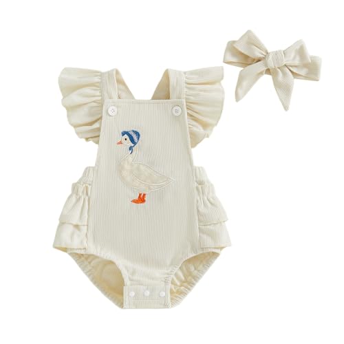 Infant Girl Cute Goose Embroidery Romper Ruffle Flying Sleeveless Corduroy 2Pcs Outfits Elastic Waist Bodysuit