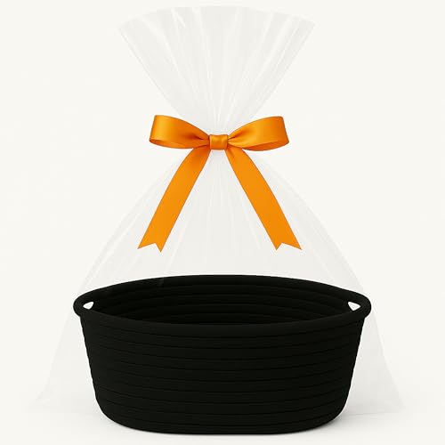 Shimmer Anna Shine Small Woven Gift Basket with Handles, 12 x 8 x 5 inches, Rope Basket Organizer with Gift Bags and Ribbons (Black)