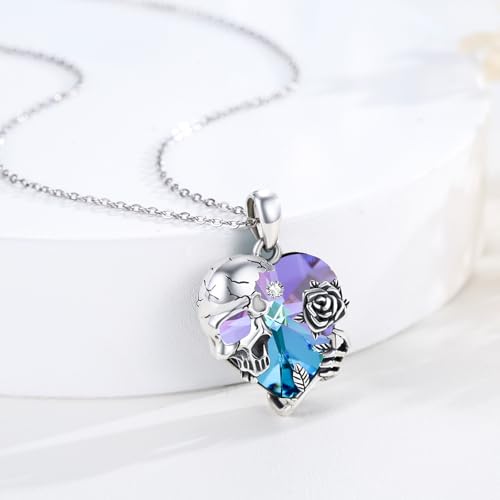 Image of S925 Sterling Silver Skull Pendant Necklace Heart Crystal Birthstone Skull Necklace Gothic Jewlery Gifts
