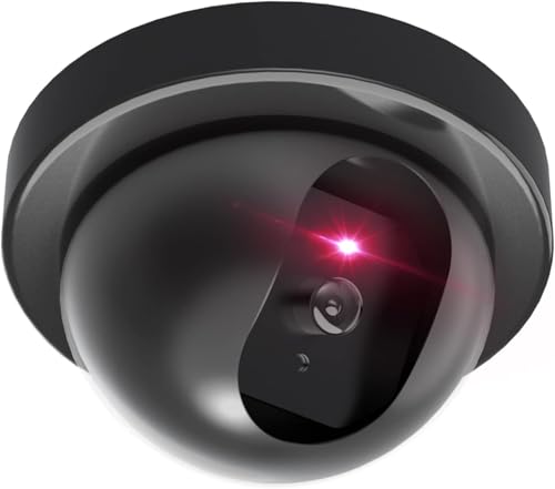 Image of Dummy Fake Security CCTV Dome Camera with Flashing Red LED Light with Security Alert Sticker Decals, Black
