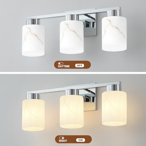 Image of 3-Light Bathroom Light Fixtures, Modern Vanity Lights, Chrome Metal Wall Lamp with White Marble Glass for Bathroom, Mirror, Living Room, Bedroom, Cabinet, Porch, Hallway, E26 Base