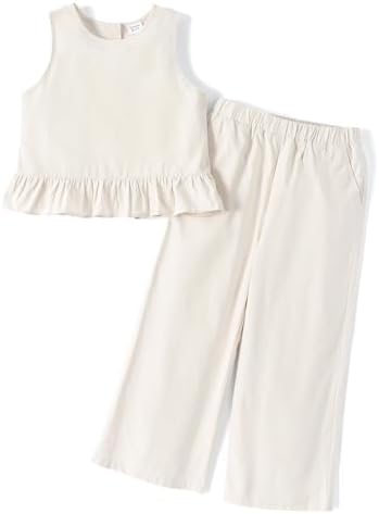 PATPAT Girls Clothing Set Linen Sleeveless Button Back Tank Crop Tops and Wide-Leg Ankle Pants with Pocket Outfits