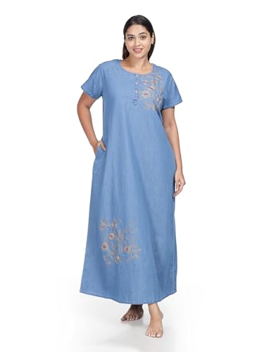Image of 9shines Label Stylish Denim Cotton Nighty Maxi for Women | Full Length Trendy Nightgown | Premium Nightdress | Nightwear | Embroidery Nighty with Pocket (9SDS)