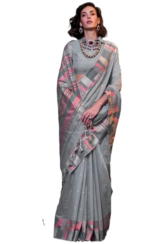 Image of SGF11 Women's Soft Cotton Linen Silk Saree With Unstitched Blouse Piece