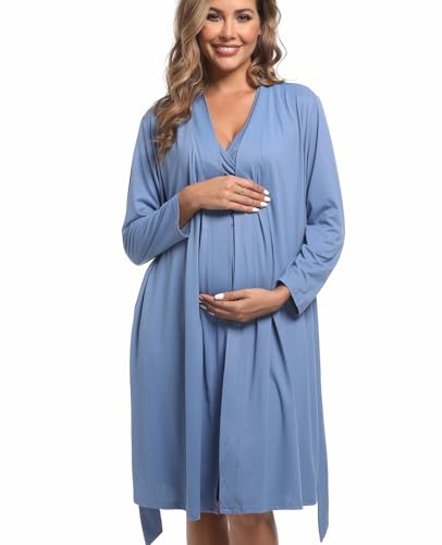 QTECLOR Mommy Robe Set for Maternity with Matching Swaddle Blanket, Delivery Labor Gown Robe for Hospital Women Dress4