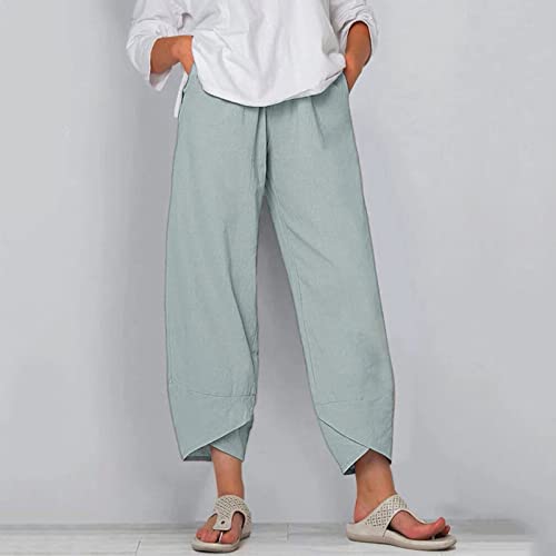 Image of Cotton Linen Capri Pants for Women 2025 Casual Printed Cropped Palazzo Pants Elastic Waist Lounge Baggy Trousers