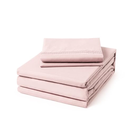 Image of ClevaHome Twin Size Sheet Set - 4 Piece Fitted Sheets Set, Barely Pink | Soft Luxury Breathable, Shrink & Fade Resistant, Embroidered Bed Sheets, 14-inch Deep Pocket, 2 Extra Pillowcases