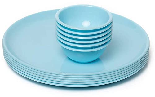 Image of Plastic Unbreakable Round Microwave Safe Full Dinner Plates - Aqua Blue (Set of 4 Plates & 4 Bowls)