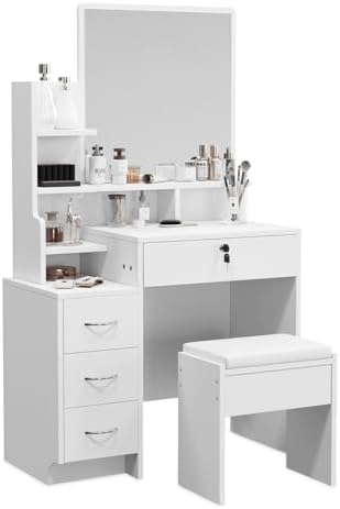 Coiffeuse Avec Miroir LED IDOHOME - 5 Tiroirs, Bureau Maquillage Blanc 110x144 Cm - Rangement Optimisé, éclairage Professionnel