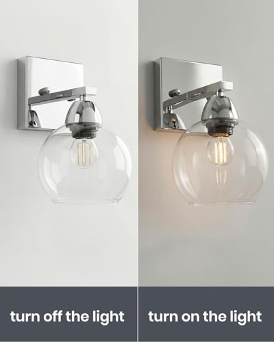 Image of Bathroom Light Fixtures, 1-Light Silver Vanity Light with Hand-Blown Thick Glass Shade, High Clarity & Durable, Wall Sconce for Mirror, Kitchen, Bedroom, Hallway