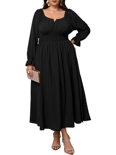 Plus Size Maxi Dresses for Curvy Women Wedding Guest Long Sleeve Square Neck Smocked Empire Waist Slit Long Dress