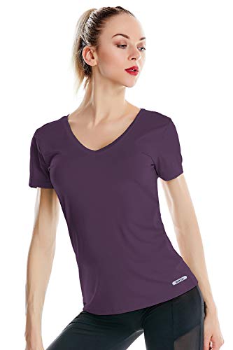 Zengjo  adies V Neck Sports T Shirt,Short Seeve Yoga Fitness Tops for Women,  PurpleDark Purple, L